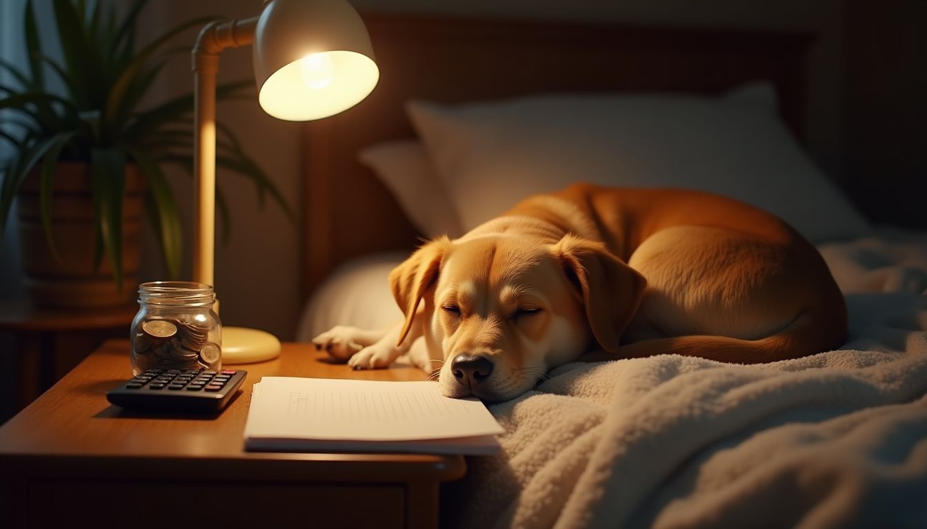 A sleeping dog curled on a soft blanket beside a small wooden desk with a notebook, calculator and a jar of coins under warm lamplight — dog costs and decisions guide