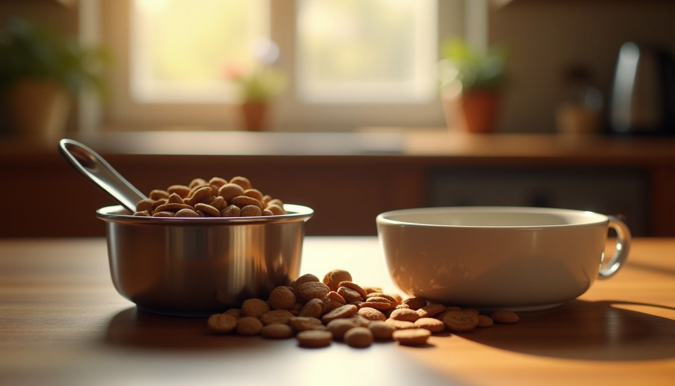 A stainless steel measuring cup of dry kibble beside a ceramic dog bowl on a warm wooden kitchen counter in soft morning light β everyday dog feeding and care guide