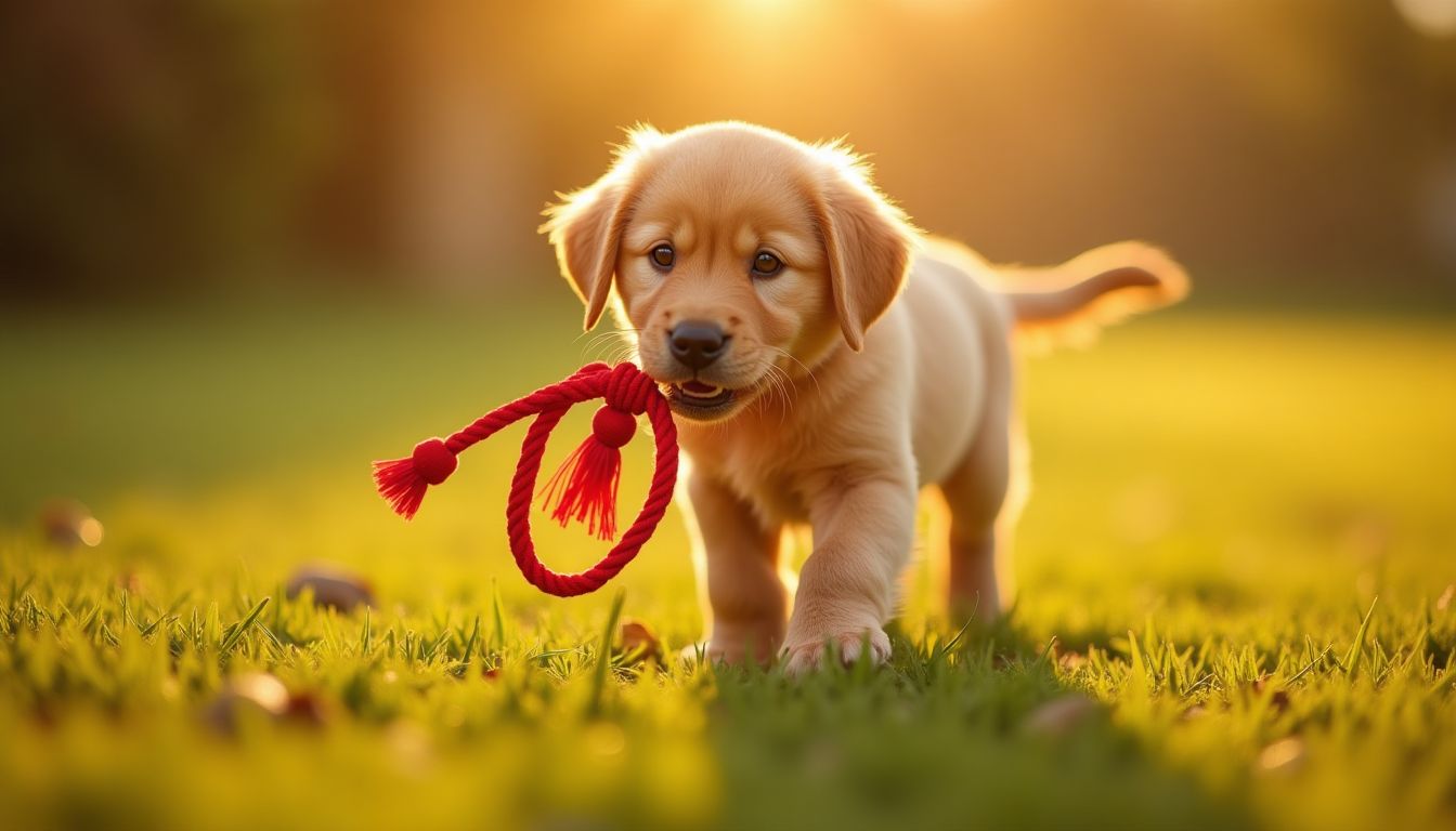 A small golden puppy holding a red rope toy on a sunlit grassy lawn at golden hour with long warm shadows — puppy training and play guide